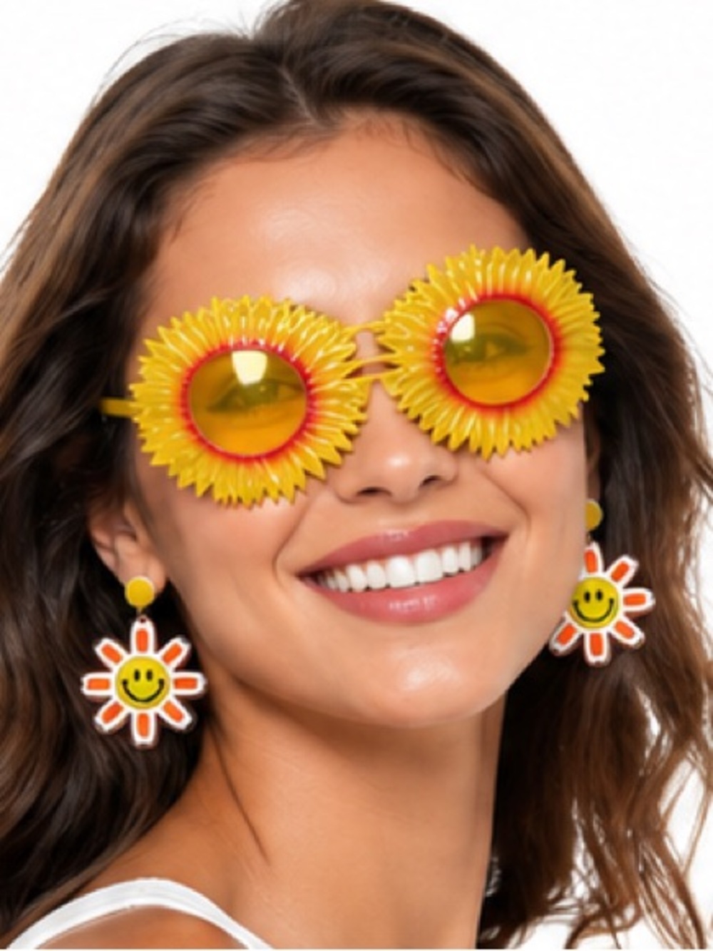 NEW - 70s Retro Sunflower Sunglasses & Smiley Daisy Earrings Set
